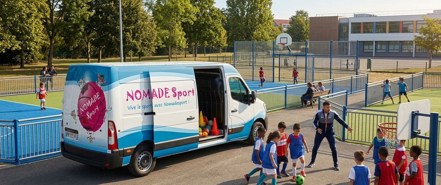 Camion Nomadesport garé dans une cour d'école pour une animation sportive itinérante